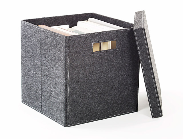 Gray felt storage box with lid.