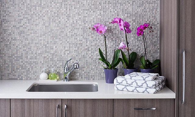 Deep laundry room sink and tile backsplash.