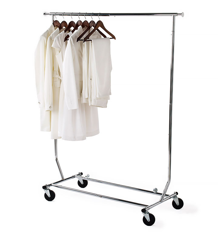 garment rack with white clothes hanging