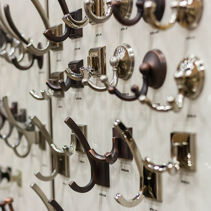 Multiple hooks of various shapes and sizes.