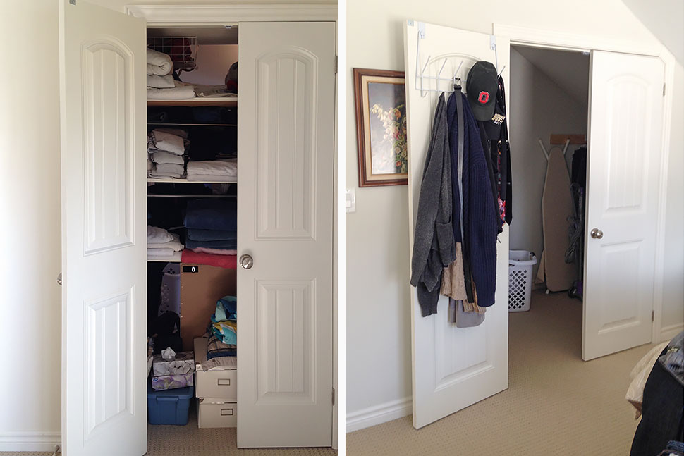 Linen closet and bedroom closet before.