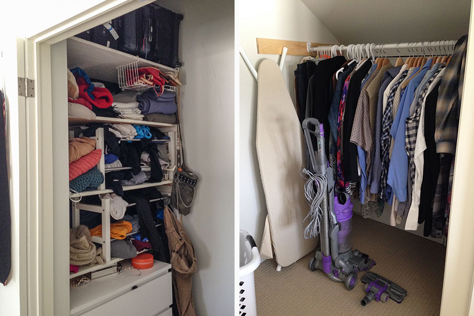 Messy master bedroom closet before.