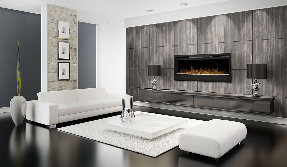 white furniture in living room with fireplace electric fireplace feature wall