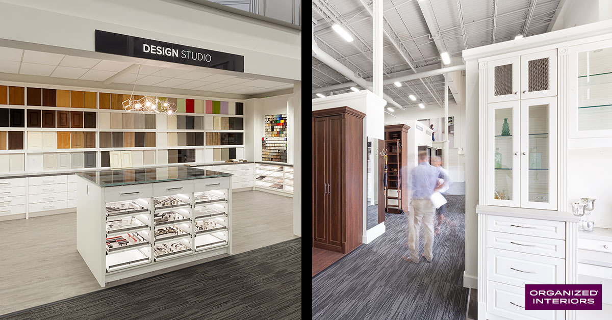 Organized Interiors showroom hardware display, two people talking