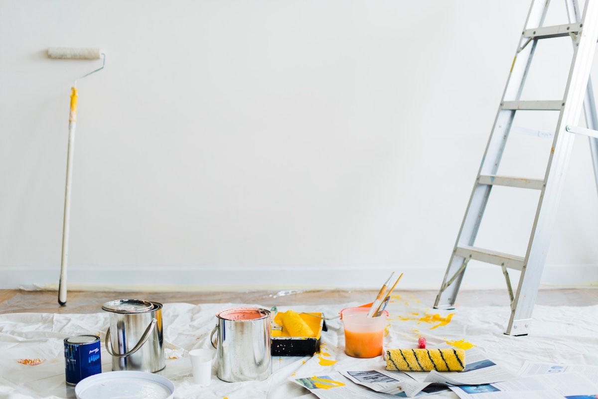 winter home renovations, painting supplies in room