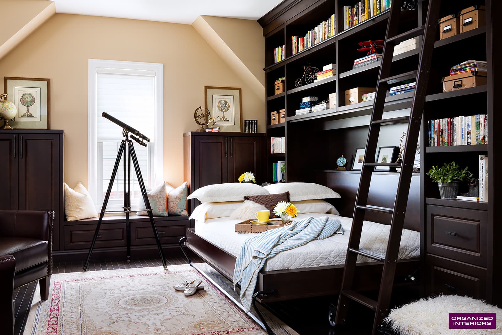 Murphy bed in down position with pillows on bed, custom built-ins, ladder, telescope and rug.