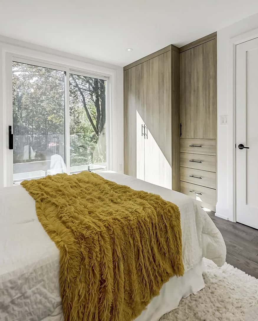 bright guest bedroom and built-in closet