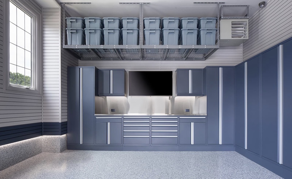 Storage containers in garage overhead rack