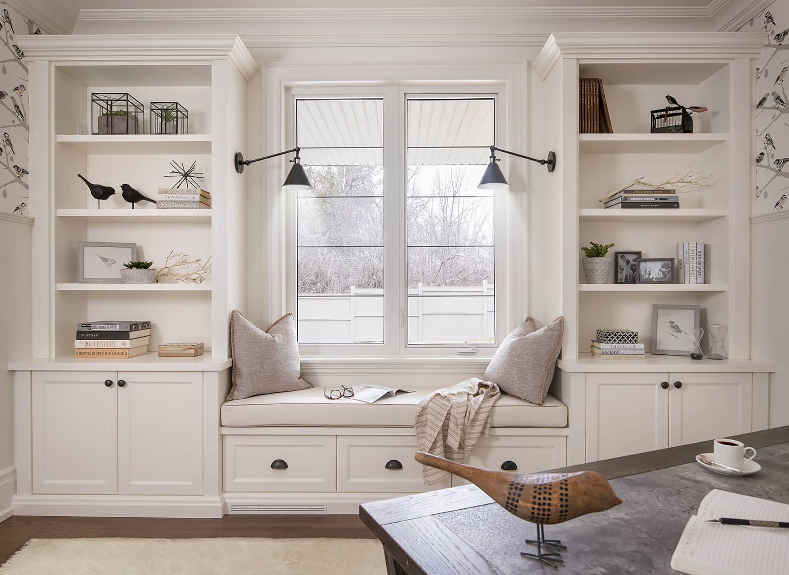 white window seat built-ins in a home office