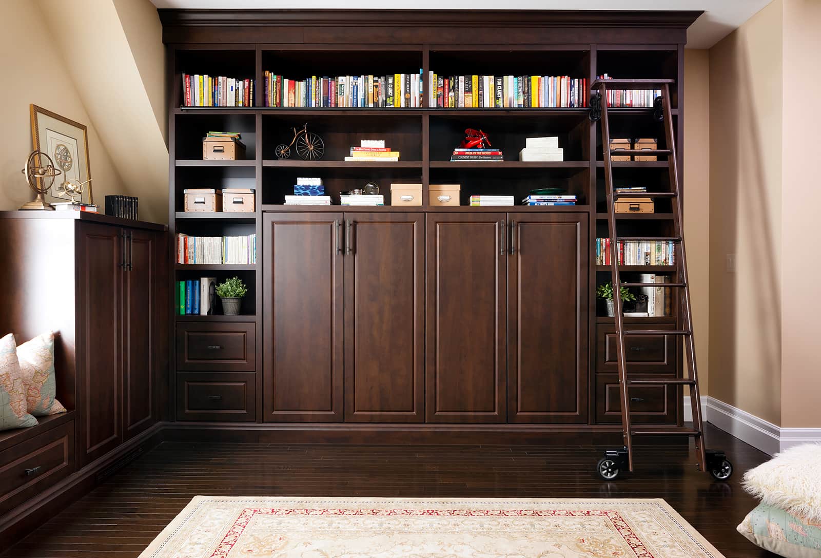 home library dark wood built-in cabinetry