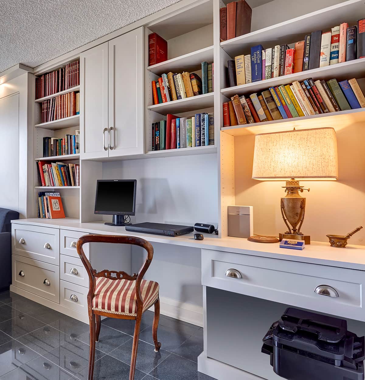 home office book library white built-in cabinetry