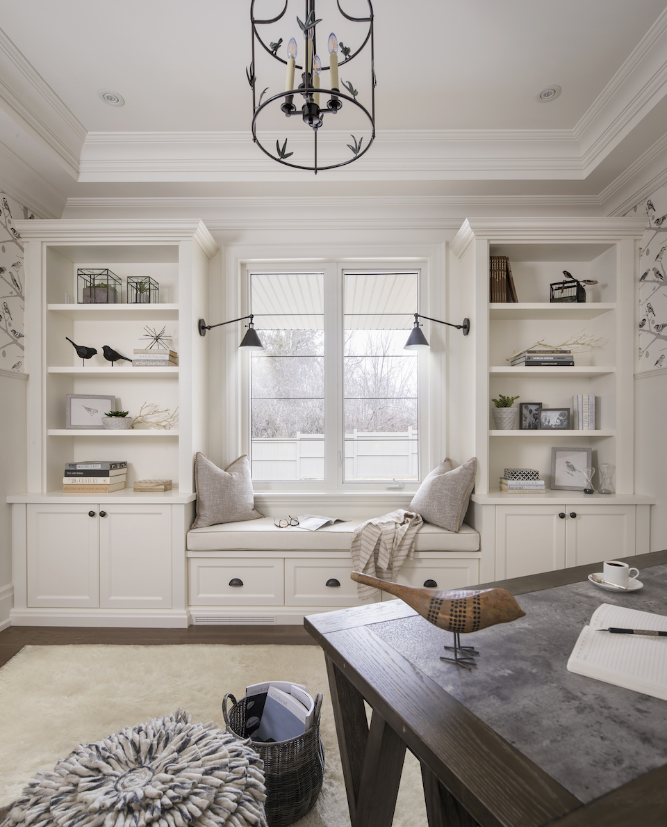 home window seat and bookshelves